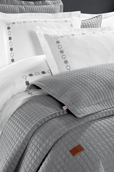 PASIONI - %100 Pamuk Saten - Elegante -  Çift Kişilik Yatak Örtüsü Takımı Gri