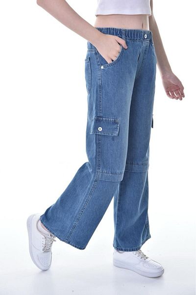Pantulux Pantaloni din denim pentru fete, cu talie elastică, 100% bumbac