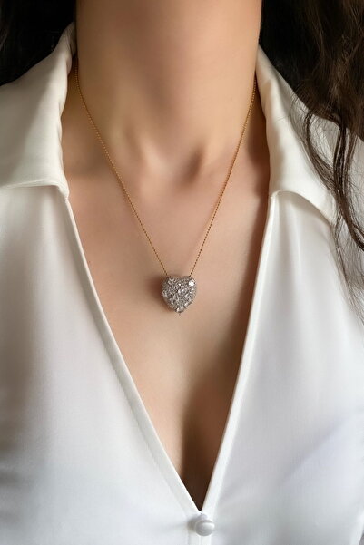 DEMOKAN Kadın Çelik Kolye Boncuk Zincir Full Zirkon Balon Kalp Kolye