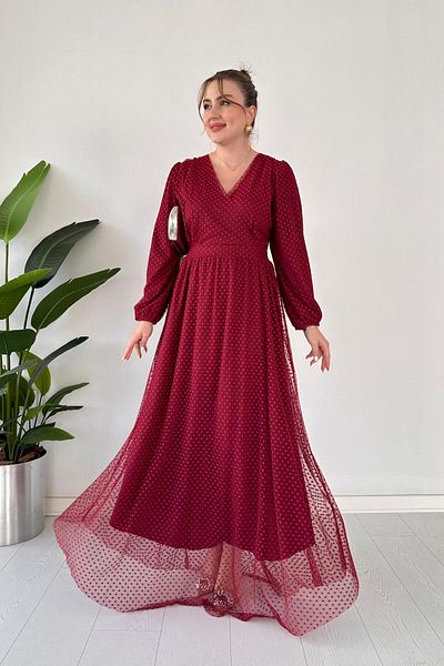 MaziButik Rochie din tul burgundy - Buline