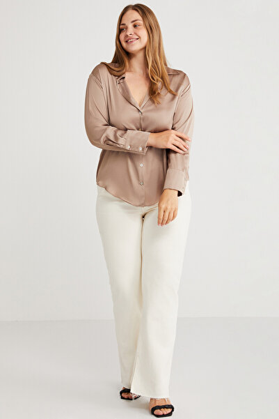 ETHIQUET Eıleen Women's Satin Look Shirt Collar Oversize Fit Woven Beige Large Size Shirt