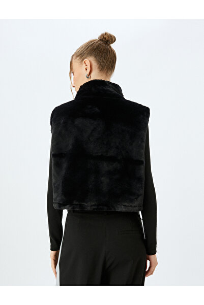 Koton Faux Fur Stand Collar Zippered Crop Lined Vest