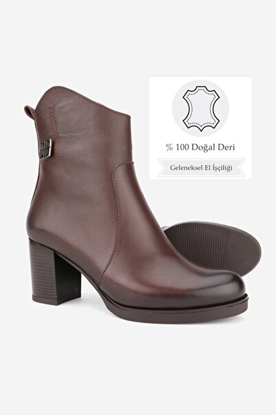 TUNAELLİ Women's Brown Genuine Natural Leather Thick Heel Platform Boots & Booties