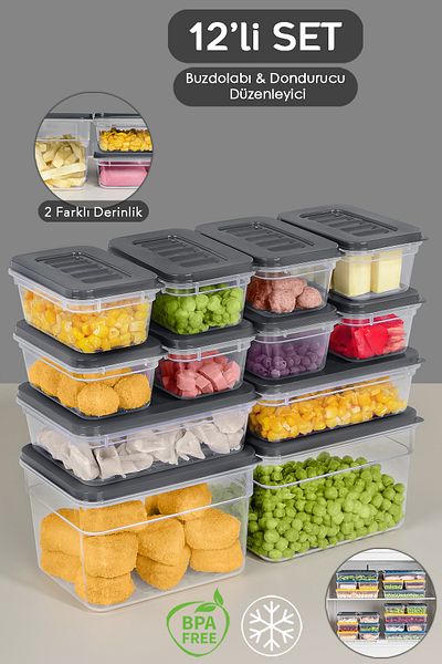 Meleni Home 12-Piece Anthracite Refrigerator Organizer Set - Deep and Shallow Microwave Freezer Container