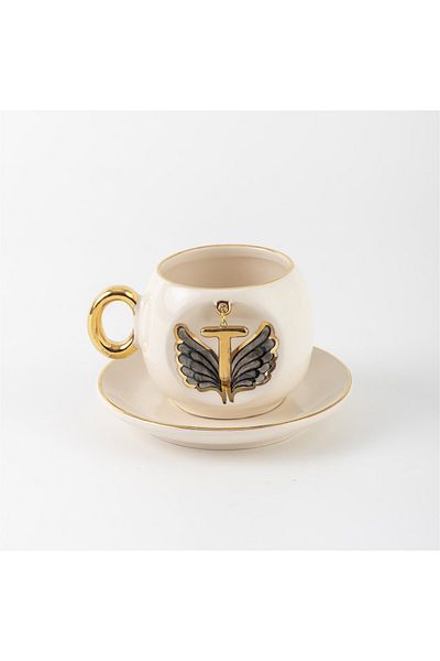 BSK Black Angel Patterned Letter Coffee Cup - Ceramics Handmade Letter T