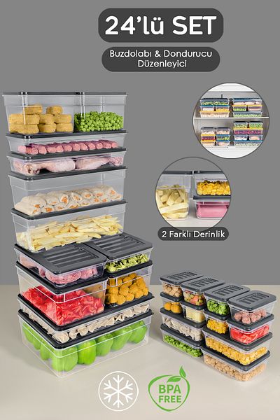 Meleni Home 24-Piece Anthracite Refrigerator Organizer Set - Deep and Shallow Microwave Freeze Container