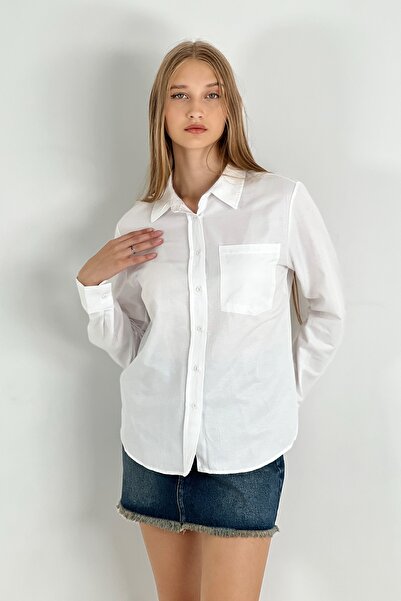 Miss Poem Γυναικείο πουκάμισο με λαιμόκοψη πόλο με εφαρμοστό τσέπες λευκό