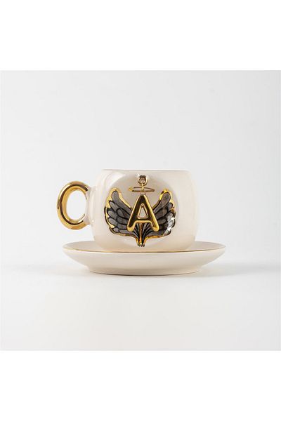 BSK Black Angel Patterned Ceramics Handmade Cup - Letter A