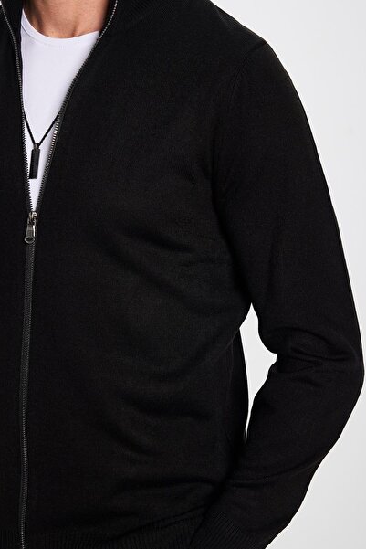 Tudors Erkek Slim Fit Dar Kesim Siyah Dik Yaka Fermuarlı Düz Hırka