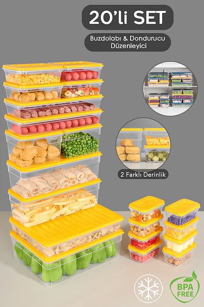 Meleni Home 20-Piece Yellow Refrigerator Organizer Set - Deep and Shallow Microwave Freeze Container
