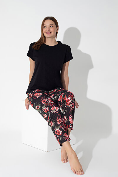 ModaLeaf Black Color Flower Pattern Short Sleeve Pajamas Set 300