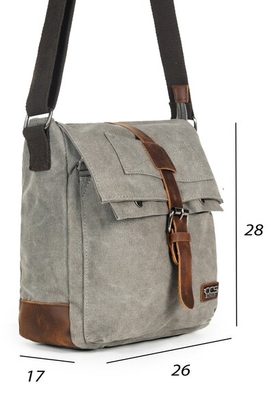 Necati Çanta Сумка поштарська сіра з хрестоподібними ременями - з канвасовою кришкою, багато відділень