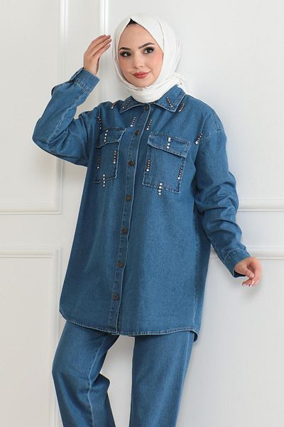 Modamihram Blue Jeans Set with Pockets and Stone Detail 19207