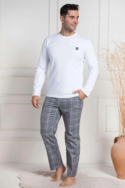 Mecit Pijama Set de pijamale pentru bărbați din bumbac, cu mâneci lungi, în carouri