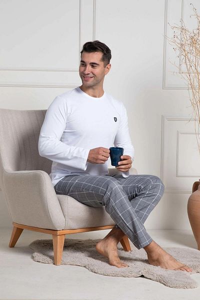 Mecit Pijama Set de pijamale pentru bărbați din bumbac, cu mâneci lungi, în carouri