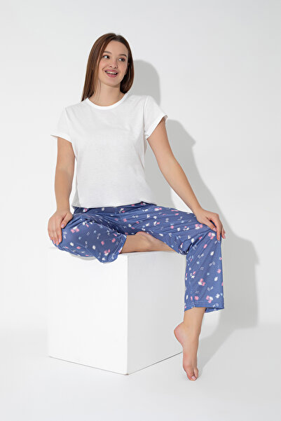 ModaLeaf Set de pijamale cu mânecă scurtă cu model floral de culoare albastră 301