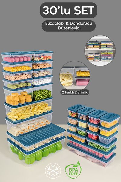 Meleni Home 30-Piece Refrigerator Organizer Set Organizer Storage Container Deep and Shallow Microwave Freezer Container Blue