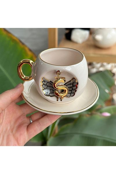 BSK Black Angel Patterned Ceramic Cup with Letters - Brown