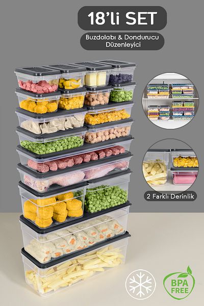 Meleni Home 18-Piece Anthracite Refrigerator Organizer Set - Deep and Shallow Freeze Container