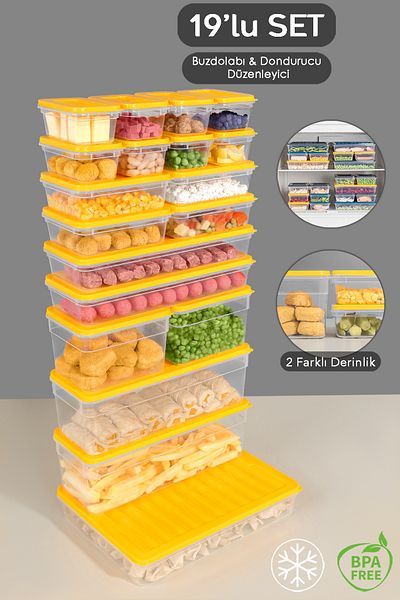 Meleni Home 19-Piece Yellow Refrigerator Organizer Set - Deep and Shallow Microwave Freeze Container
