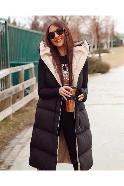 Modayıldızlar Black Double Sided Hooded Long Puffer Vest