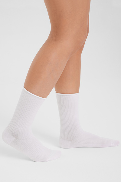 Forwena White Derby Modal Seamless Women's Socks, Ribbed, Elastic-Free