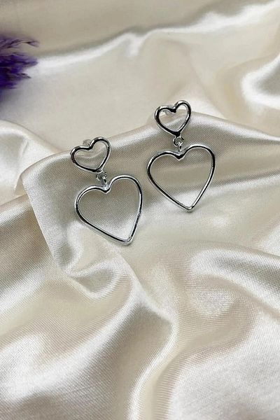 Ervalina Silver Color Double Dangle Heart Earrings