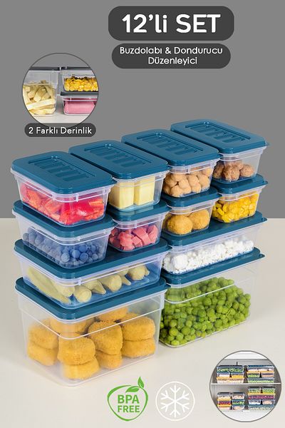 Meleni Home 12-Piece Blue Refrigerator Organizer Set - Deep and Shallow Microwave Freezer Container