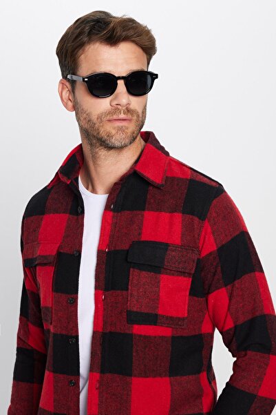 Tudors Unisex Slim Fit Dar Kesim Oduncu Çift Cep Kapaklı Kareli Kışlık Gömlek