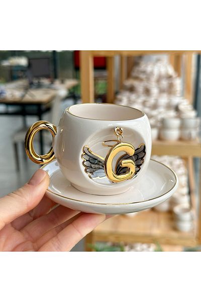 BSK Black Angel Patterned Ceramic Cup - Brown Color with Letter G Handmade Letter