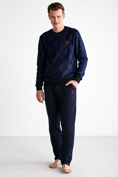 U.S. Polo Assn. Ανδρικό κοστούμι πιτζάμα με τετράγωνο σχέδιο με μακρύ κολάρο με στρογγυλή λαιμόκοψη με μανσέτες με τσέπες