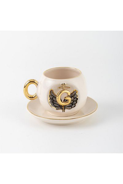 BSK Black Angel Patterned Ceramic Cup - Brown Color with Letter G Handmade Letter