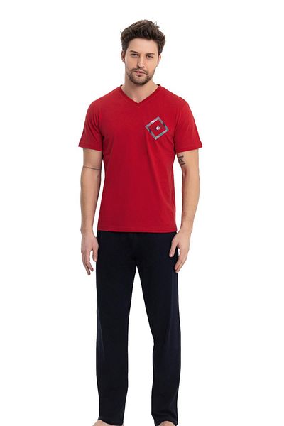 Erse V-Neck 100% Cotton Men's Pajama Set - Short Sleeve