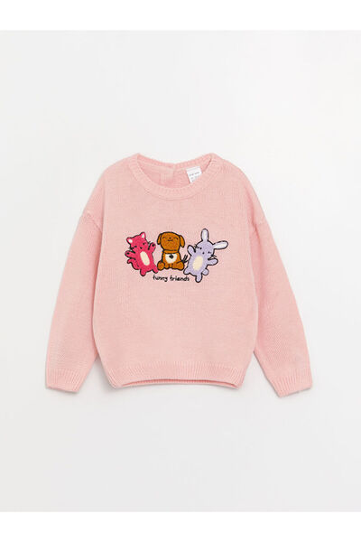 LC Waikiki Pulover de tricot pentru fetiță, cu mânecă lungă, brodat, cu gât r...