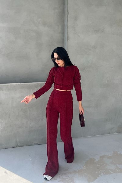 Seda Yalçın Atelier Burgundy Reverse Stitching Detailed Blouse Trousers Knitwear Set