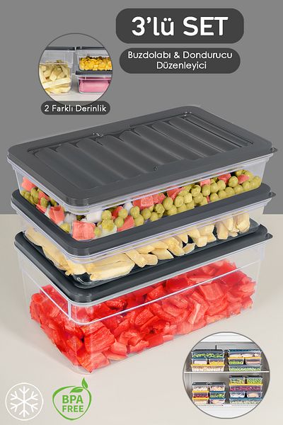Meleni Home 3-Piece Anthracite Refrigerator Organizer Set - Deep and Shallow Microwave Freezer Container