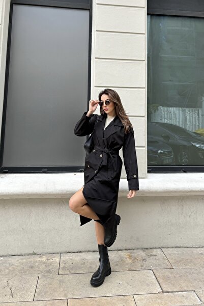 MAT Collection Kadın Siyah Omuz Apoletli Kuşaklı Trençkot