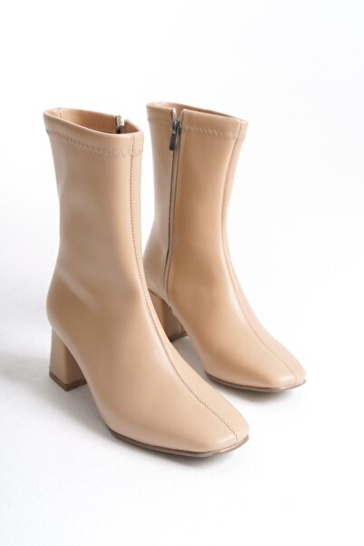 MRVN MERVINA Γυναικείες μπότες με τακούνι σε γυμνό χρώμα - Loly