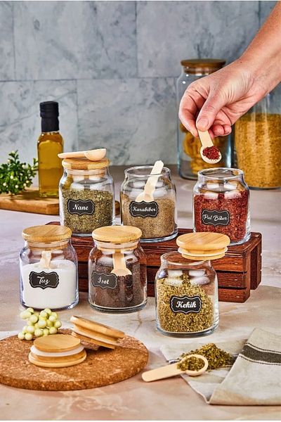 ŞAKİLATA CONCEPT 6-Piece Spoon Luxury Seasoning Set with Wooden Lid Glass Jar Storage Container (300 ml)