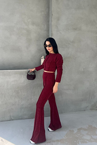 Seda Yalçın Atelier Burgundy Reverse Stitching Detailed Blouse Trousers Knitwear Set