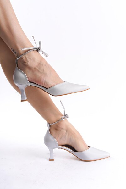 Modabuymus Βραδινό φόρεμα Miniglossy Ασημί Σατέν Αστραγάλου Πέτρα με κοντό τακούνι Stiletto