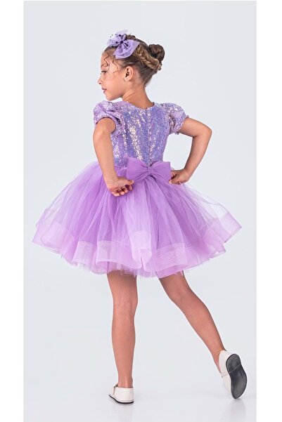 Mnk Baby&Kids Tütü Gren Etekli Kız Çocuk Pul Payetli Kısa Kol Kikidi Elbise MNK0601 LİLA
