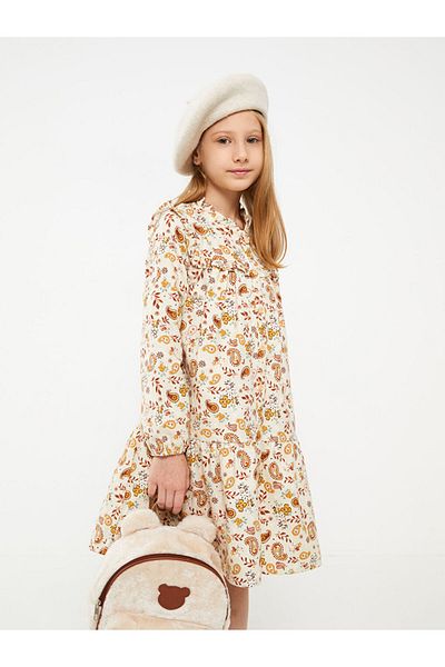 LC Waikiki Kids Crew Neck Patterned Long Sleeve Gabardine Girl's Dress