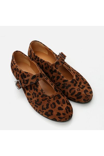 Hotiç Mary Jane Genuine Leather Leopard Patterned Women's Ballerinas