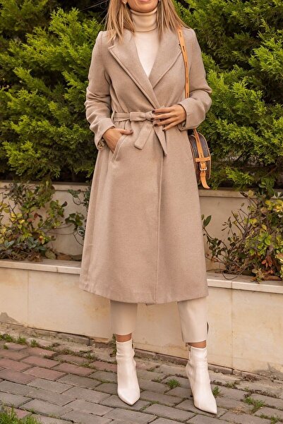 Suziş Women's Beige Color Birded Premium Coat 9350