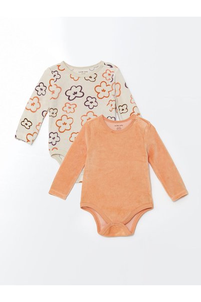 LC Waikiki Beige Crew Neck Velvet Baby Girl Snap Body Set of 2