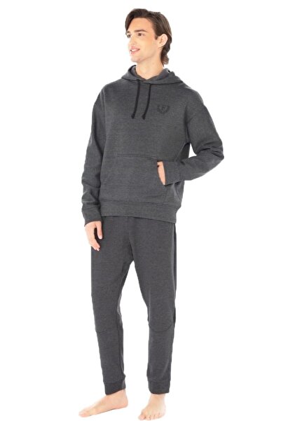 Feyza Pijama Pamuklu 2 İplik Dokuma Kapşonlu Antrasit Eşofman Takım