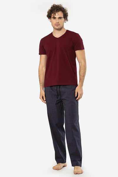 Cacharel V-Neck Short Sleeve T-Shirt and Pocket Plaid Bottom Pajama Suit