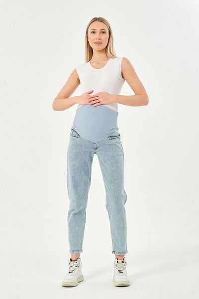 BUSA Blugi Mom Fit cu bandă elastică pentru gravidă, albastru gheață