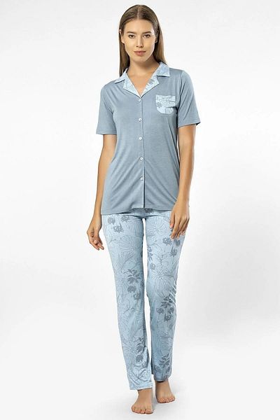 TÜREN Set cămașă și pijama pentru femei cu mânecă scurtă albastră